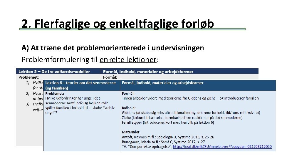 2. Flerfaglige og enkeltfaglige forløb A) At træne det problemorienterede i undervisningen Problemformulering til 2. Flerfaglige og enkeltfaglige forløb A) At træne det problemorienterede i undervisningen Problemformulering til