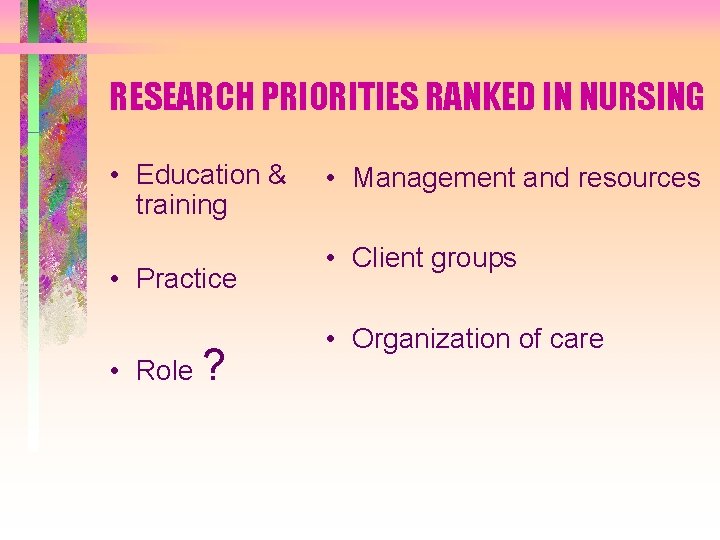 RESEARCH PRIORITIES RANKED IN NURSING • Education & training • Practice • Role ?