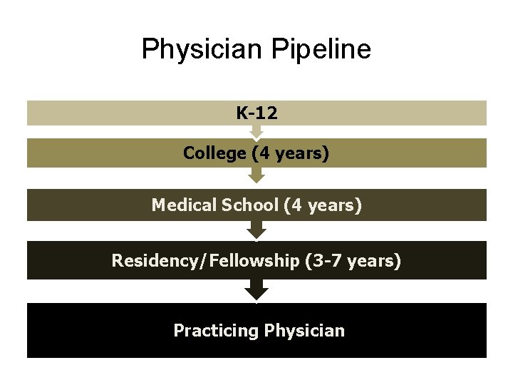 Physician Pipeline K-12 College (4 years) Medical School (4 years) Residency/Fellowship (3 -7 years)