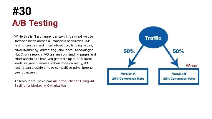 #30 A/B Testing While this isn’t a channel per say, it is a great