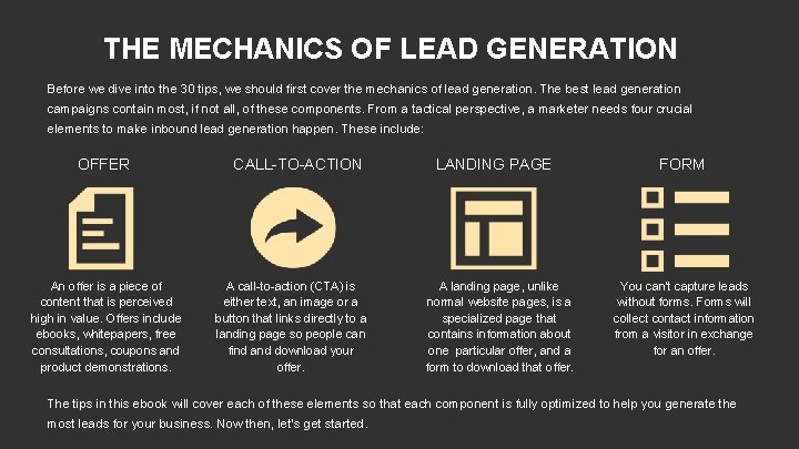 THE MECHANICS OF LEAD GENERATION Before we dive into the 30 tips, we should