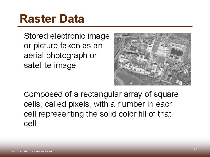 Raster Data Stored electronic image or picture taken as an aerial photograph or satellite