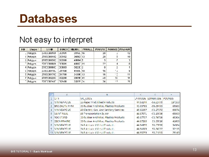 Databases Not easy to interpret GIS TUTORIAL 1 - Basic Workbook 13 