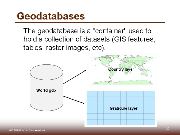 Geodatabases The geodatabase is a "container" used to hold a collection of datasets (GIS