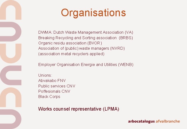 Organisations DWMA: Dutch Waste Management Association (VA) Breaking Recycling and Sorting association (BRBS) Organic Organisations DWMA: Dutch Waste Management Association (VA) Breaking Recycling and Sorting association (BRBS) Organic