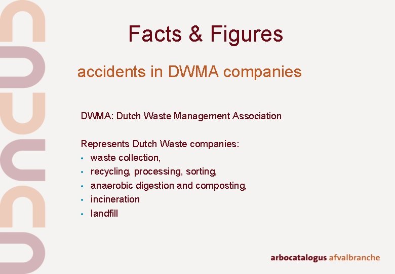 Facts & Figures accidents in DWMA companies DWMA: Dutch Waste Management Association Represents Dutch Facts & Figures accidents in DWMA companies DWMA: Dutch Waste Management Association Represents Dutch