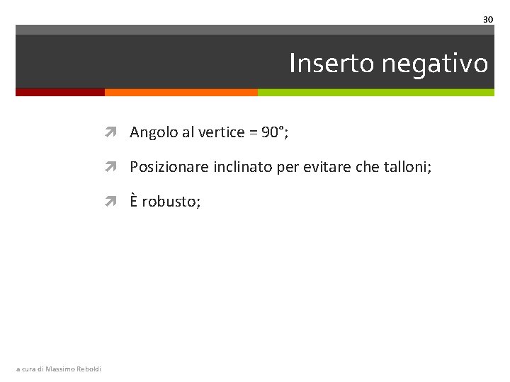 30 Inserto negativo Angolo al vertice = 90°; Posizionare inclinato per evitare che talloni;