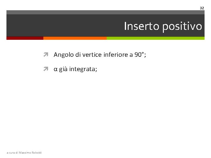 32 Inserto positivo Angolo di vertice inferiore a 90°; α già integrata; a cura