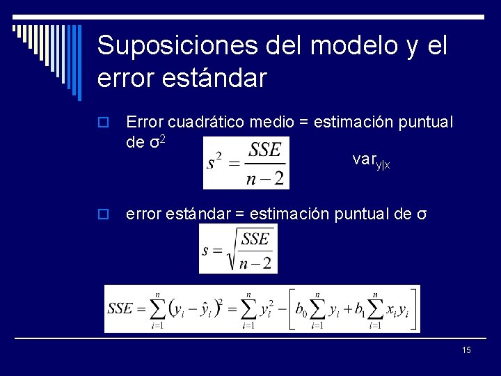 Suposiciones del modelo y el error estándar o Error cuadrático medio = estimación puntual