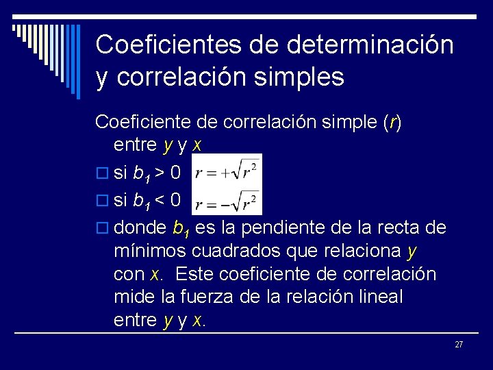 Coeficientes de determinación y correlación simples Coeficiente de correlación simple (r) entre y y