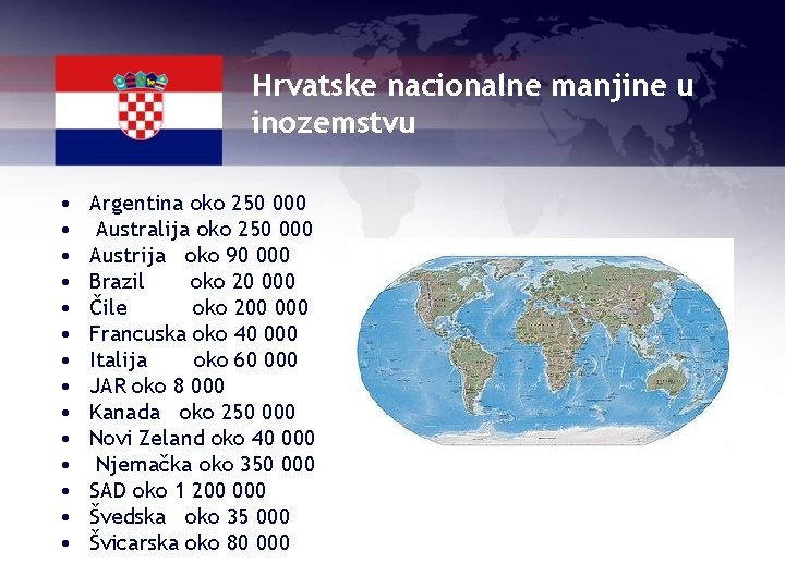 Hrvatske nacionalne manjine u inozemstvu • • • • Argentina oko 250 000 Australija