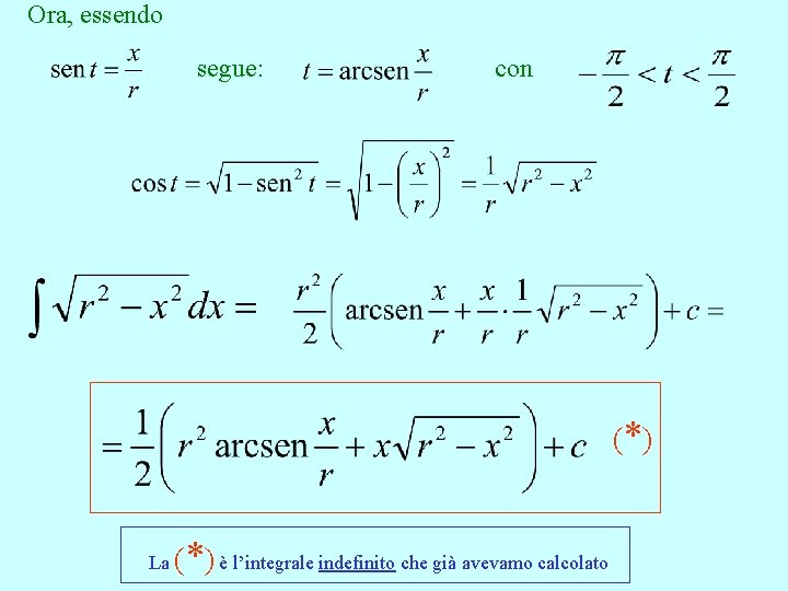 Ora, essendo segue: con (*) La ( *) è l’integrale indefinito che già avevamo
