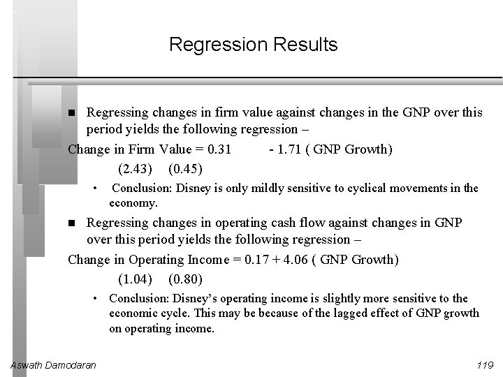 Regression Results Regressing changes in firm value against changes in the GNP over this