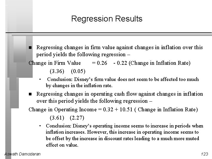 Regression Results Regressing changes in firm value against changes in inflation over this period