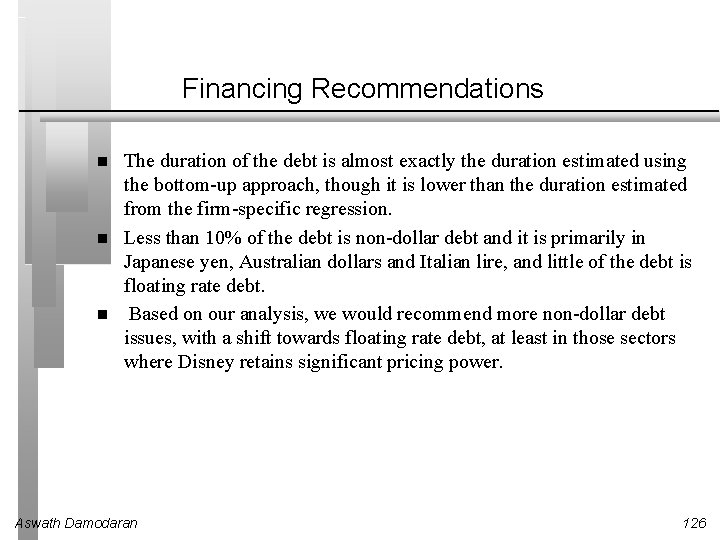 Financing Recommendations The duration of the debt is almost exactly the duration estimated using