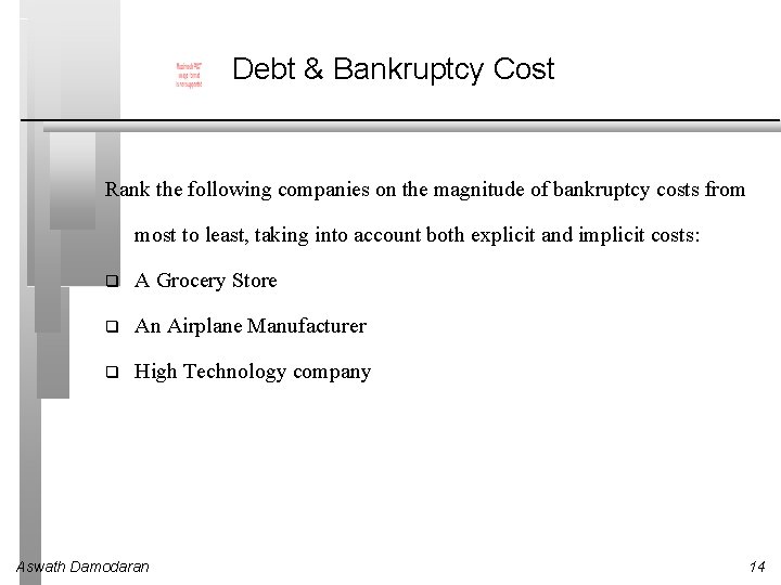 Debt & Bankruptcy Cost Rank the following companies on the magnitude of bankruptcy costs