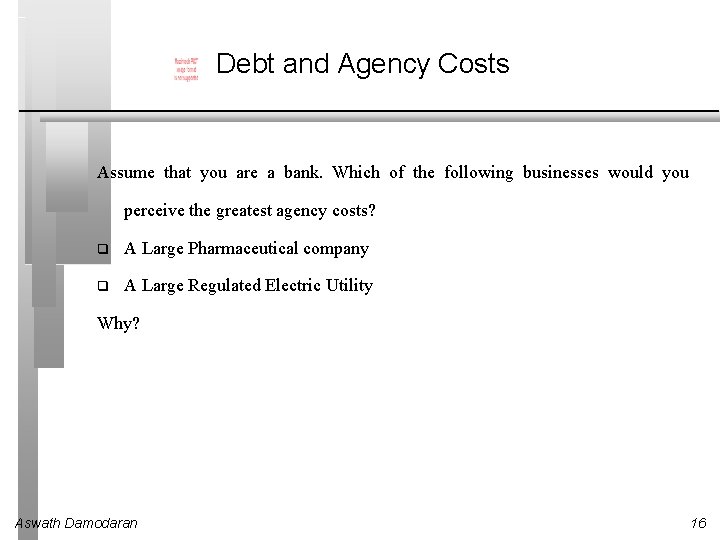 Debt and Agency Costs Assume that you are a bank. Which of the following