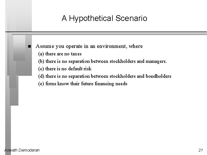 A Hypothetical Scenario Assume you operate in an environment, where (a) there are no