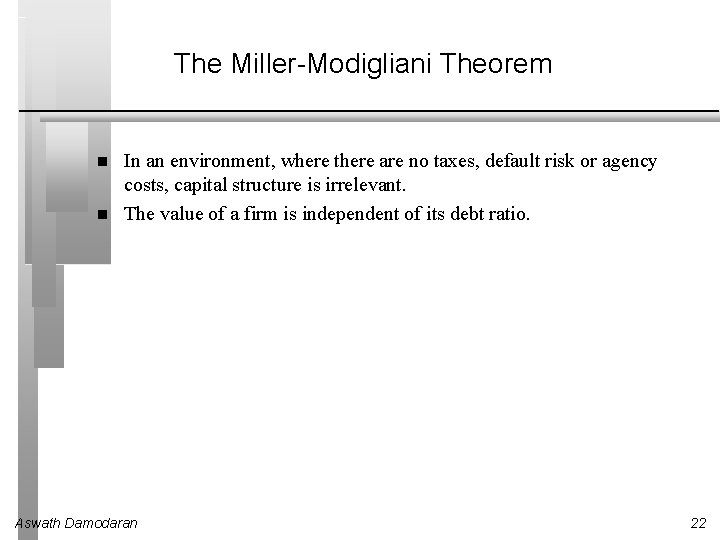 The Miller-Modigliani Theorem In an environment, where there are no taxes, default risk or