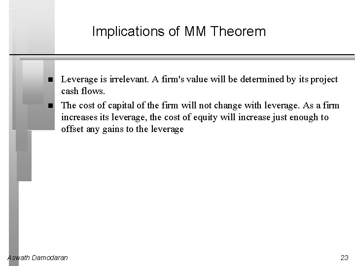 Implications of MM Theorem Leverage is irrelevant. A firm's value will be determined by