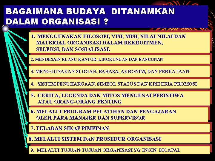 BAGAIMANA BUDAYA DITANAMKAN DALAM ORGANISASI ? 1. MENGGUNAKAN FILOSOFI, VISI, MISI, NILAI-NILAI DAN MATERIAL