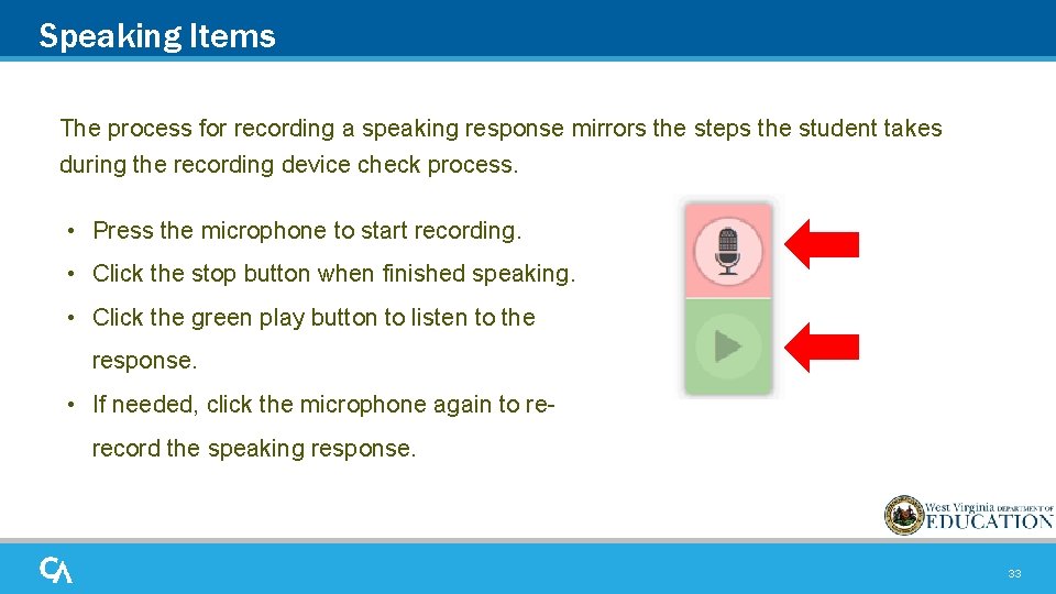 Speaking Items The process for recording a speaking response mirrors the steps the student