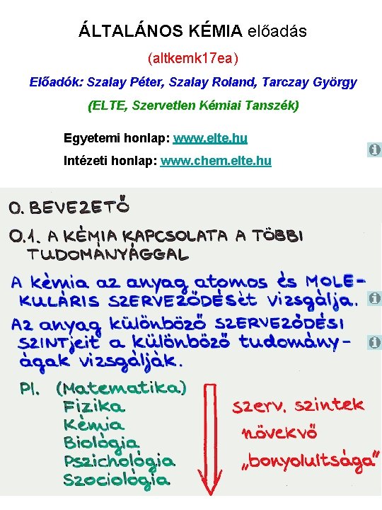 ÁLTALÁNOS KÉMIA előadás (altkemk 17 ea) Előadók: Szalay Péter, Szalay Roland, Tarczay György (ELTE,