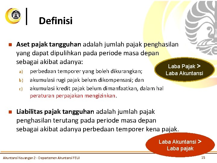 Definisi n Aset pajak tangguhan adalah jumlah pajak penghasilan yang dapat dipulihkan pada periode