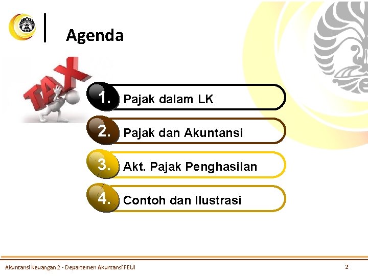 Agenda 1. Pajak dalam LK 2. Pajak dan Akuntansi 3. Akt. Pajak Penghasilan 4.