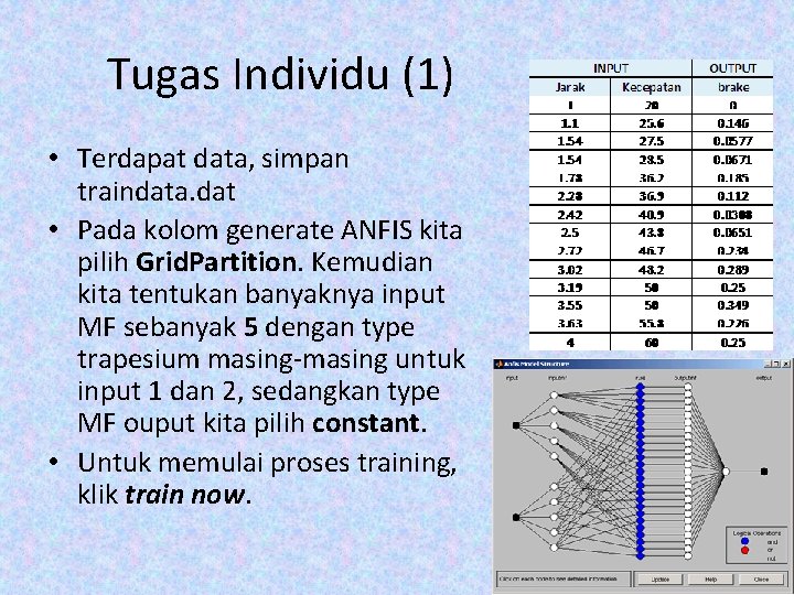 Tugas Individu (1) • Terdapat data, simpan traindata. dat • Pada kolom generate ANFIS Tugas Individu (1) • Terdapat data, simpan traindata. dat • Pada kolom generate ANFIS