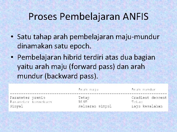 Proses Pembelajaran ANFIS • Satu tahap arah pembelajaran maju-mundur dinamakan satu epoch. • Pembelajaran Proses Pembelajaran ANFIS • Satu tahap arah pembelajaran maju-mundur dinamakan satu epoch. • Pembelajaran