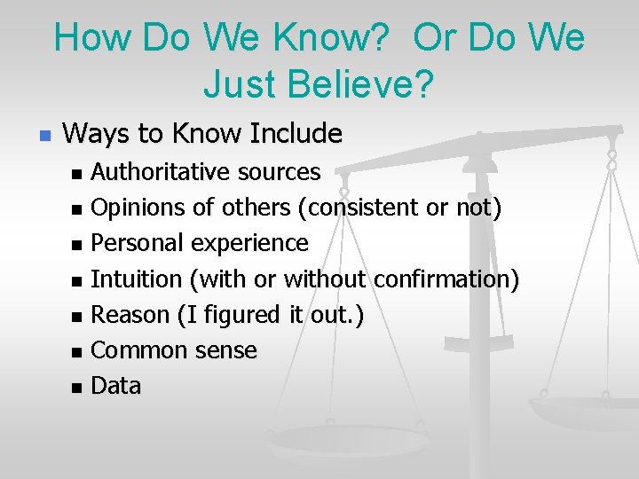 How Do We Know? Or Do We Just Believe? n Ways to Know Include