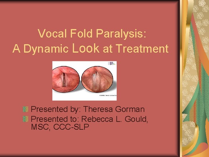  Vocal Fold Paralysis: A Dynamic Look at Treatment Presented by: Theresa Gorman Presented