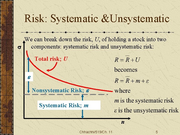 Risk: Systematic &Unsystematic We can break down the risk, U, of holding a stock