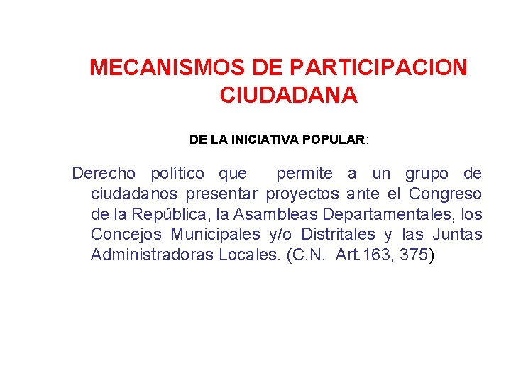 MECANISMOS DE PARTICIPACION CIUDADANA DE LA INICIATIVA POPULAR: Derecho político que permite a un