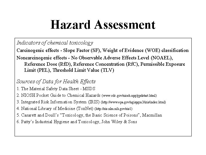 Hazard Assessment Indicators of chemical toxicology Carcinogenic effects - Slope Factor (SF), Weight of