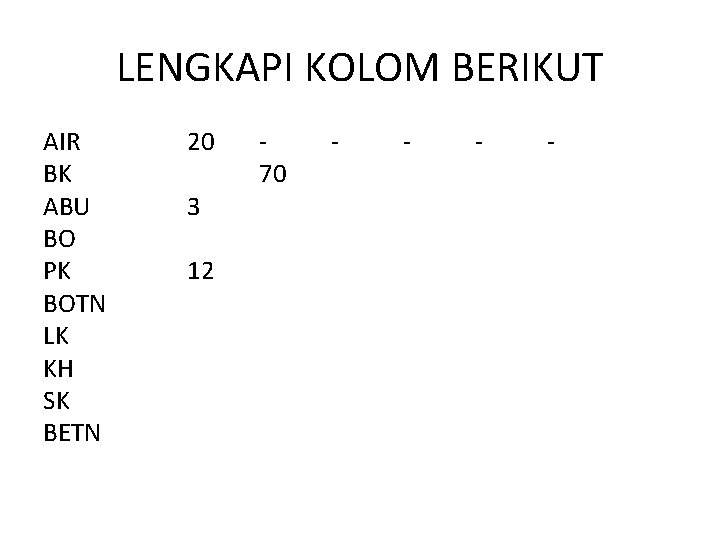 LENGKAPI KOLOM BERIKUT AIR BK ABU BO PK BOTN LK KH SK BETN 20