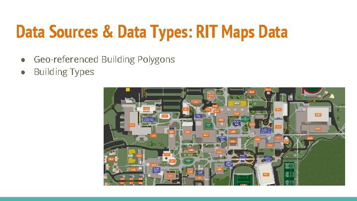 Data Sources & Data Types: RIT Maps Data ● Geo-referenced Building Polygons ● Building Data Sources & Data Types: RIT Maps Data ● Geo-referenced Building Polygons ● Building