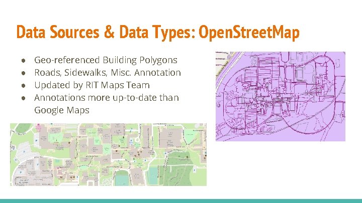 Data Sources & Data Types: Open. Street. Map ● ● Geo-referenced Building Polygons Roads, Data Sources & Data Types: Open. Street. Map ● ● Geo-referenced Building Polygons Roads,