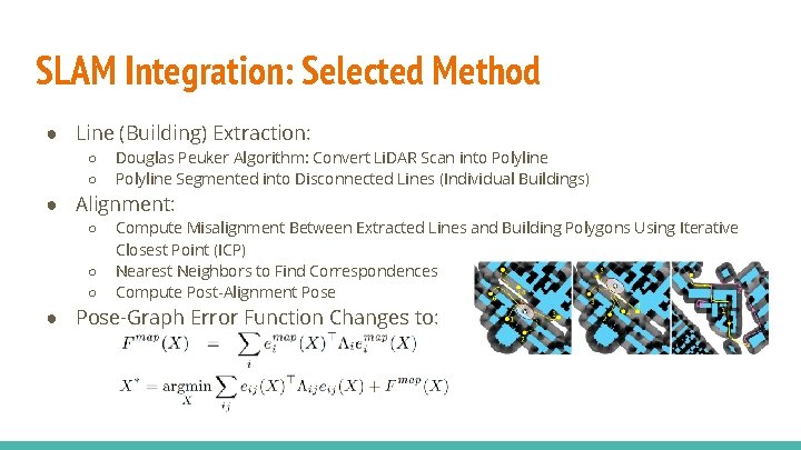 SLAM Integration: Selected Method ● Line (Building) Extraction: ○ ○ Douglas Peuker Algorithm: Convert SLAM Integration: Selected Method ● Line (Building) Extraction: ○ ○ Douglas Peuker Algorithm: Convert