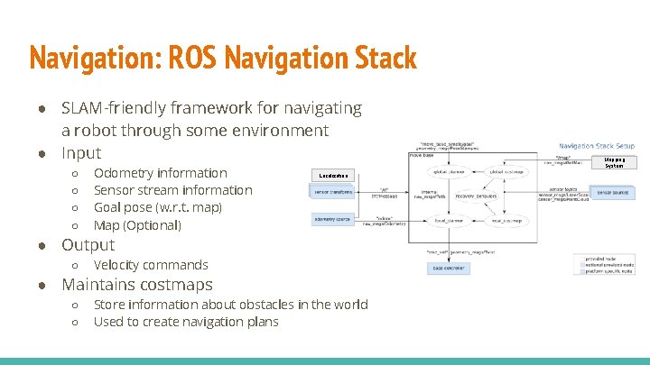 Navigation: ROS Navigation Stack ● SLAM-friendly framework for navigating a robot through some environment Navigation: ROS Navigation Stack ● SLAM-friendly framework for navigating a robot through some environment