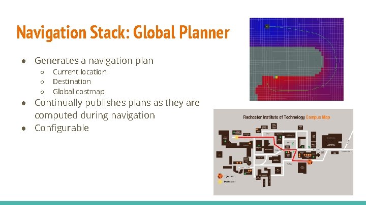 Navigation Stack: Global Planner ● Generates a navigation plan ○ ○ ○ Current location Navigation Stack: Global Planner ● Generates a navigation plan ○ ○ ○ Current location