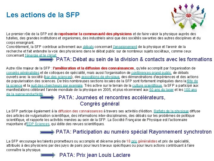 Les actions de la SFP Le premier rôle de la SFP est de représenter