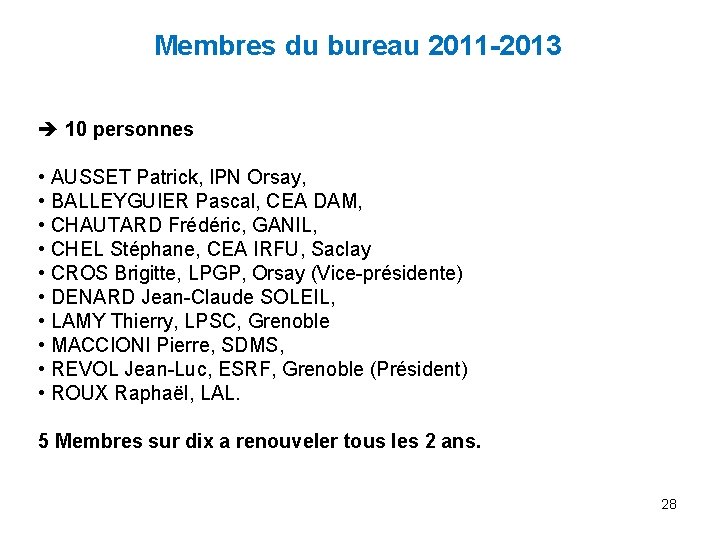 Membres du bureau 2011 -2013 10 personnes • AUSSET Patrick, IPN Orsay, • BALLEYGUIER