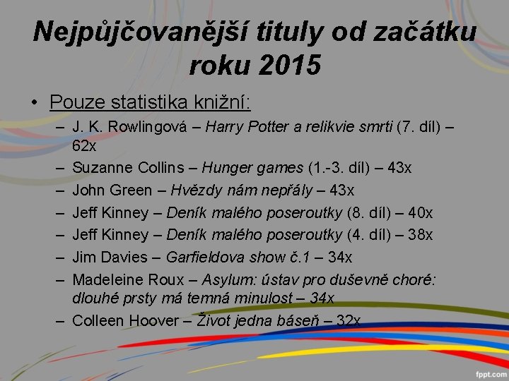 Nejpůjčovanější tituly od začátku roku 2015 • Pouze statistika knižní: – J. K. Rowlingová