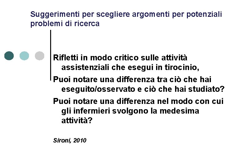 Suggerimenti per scegliere argomenti per potenziali problemi di ricerca Rifletti in modo critico sulle