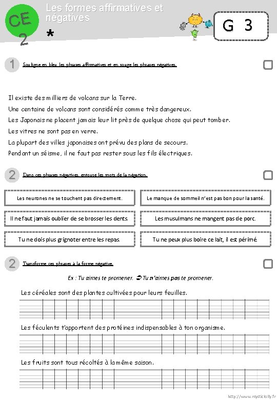 CE 2 1 Les formes affirmatives et négatives * G 3 Souligne en bleu