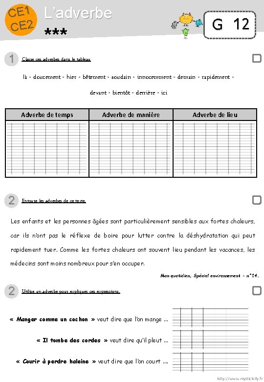 CE 1 CE 2 1 L’adverbe G 12 *** Classe ces adverbes dans le