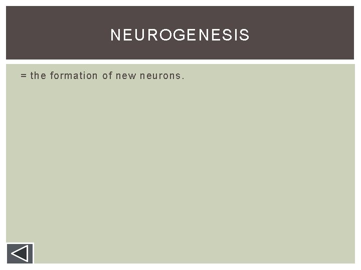 NEUROGENESIS = the formation of new neurons. NEUROGENESIS = the formation of new neurons.