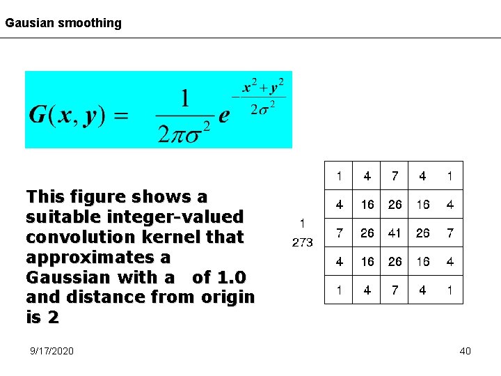 Gausian smoothing This figure shows a suitable integer-valued convolution kernel that approximates a Gaussian